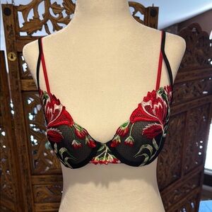 Rampage Floral Embroidered Sheer Bra 34C – Black Mesh Red Green Lingerie